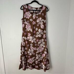 Vintage Brown & Pink Floral‎ Satin Midi Dress 14 Feminine Silhouette Y2K Gilmore